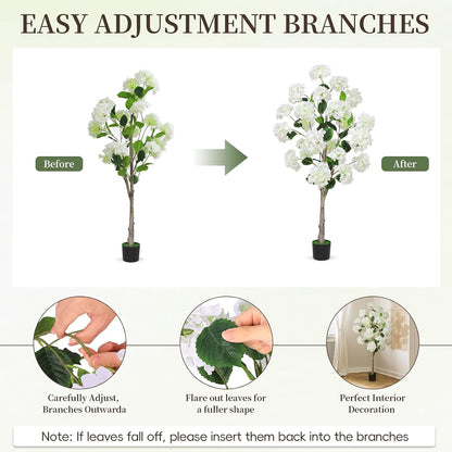 White Hydrangea Flower Artificial Trees 4FT, Fake Silk Floral Plants Indoor Outdoor, Lifelike Decorative Faux Hydrangea Flower Tree in Pot for Home Garden Office Front Decor