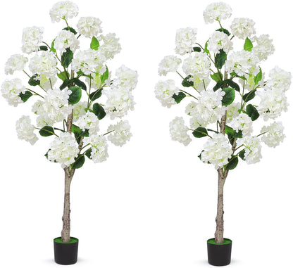 White Hydrangea Flower Artificial Trees 4FT, Fake Silk Floral Plants Indoor Outdoor, Lifelike Decorative Faux Hydrangea Flower Tree in Pot for Home Garden Office Front Decor