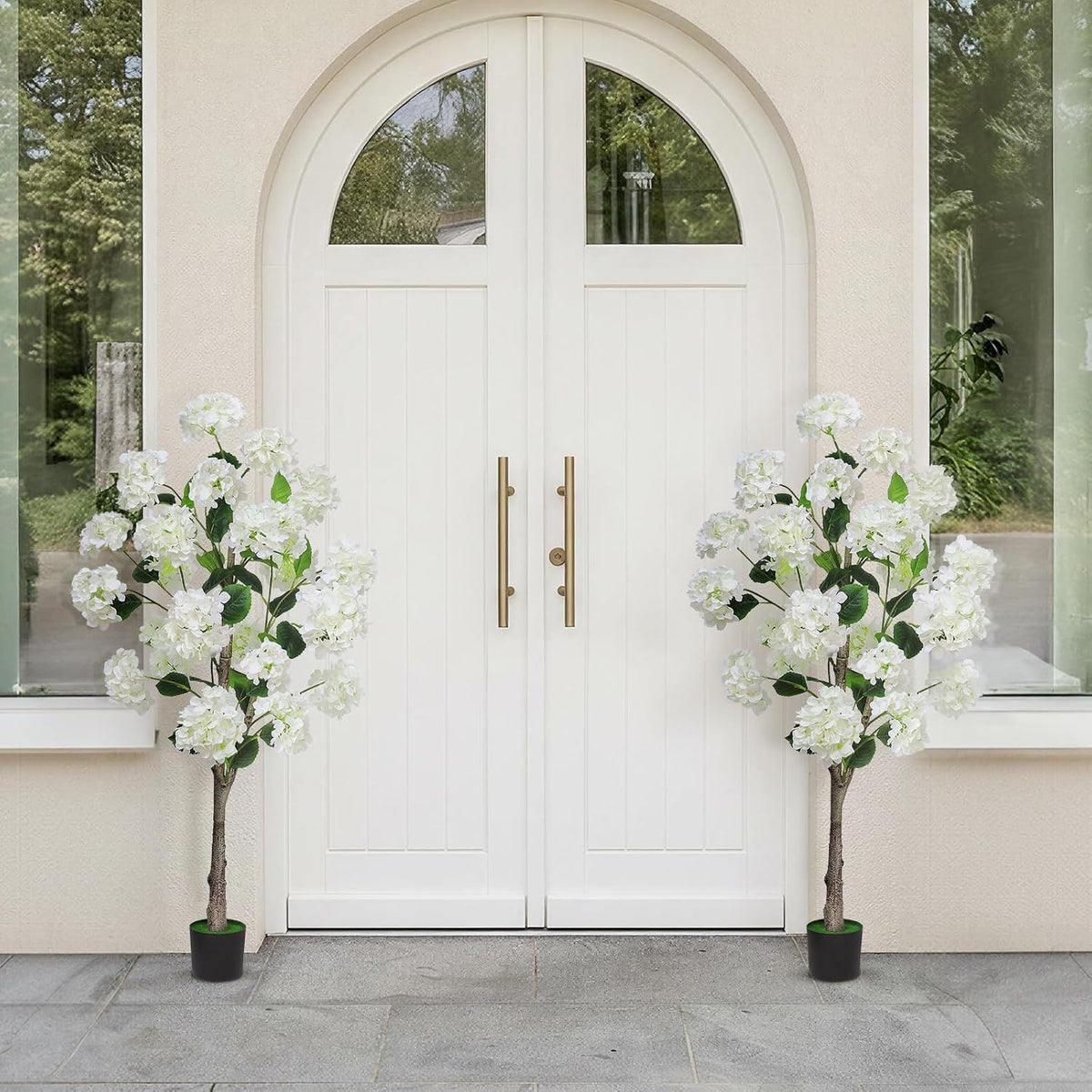 White Hydrangea Flower Artificial Trees 4FT, Fake Silk Floral Plants Indoor Outdoor, Lifelike Decorative Faux Hydrangea Flower Tree in Pot for Home Garden Office Front Decor