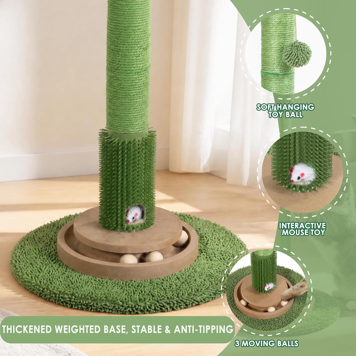 41.5" Cactus Cat Scratching Post, Heavy Duty Sisal Scratcher with Interactive Ball & Grooming Brush, Stable Anti-Tip Cat Tree for Indoor Cats & Large Cats