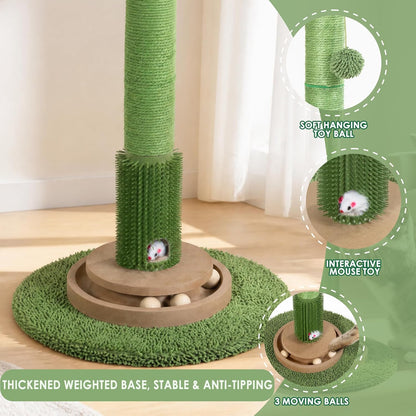 41.5" Cactus Cat Scratching Post, Heavy Duty Sisal Scratcher with Interactive Ball & Grooming Brush, Stable Anti-Tip Cat Tree for Indoor Cats & Large Cats
