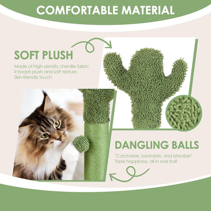 41.5" Cactus Cat Scratching Post, Heavy Duty Sisal Scratcher with Interactive Ball & Grooming Brush, Stable Anti-Tip Cat Tree for Indoor Cats & Large Cats