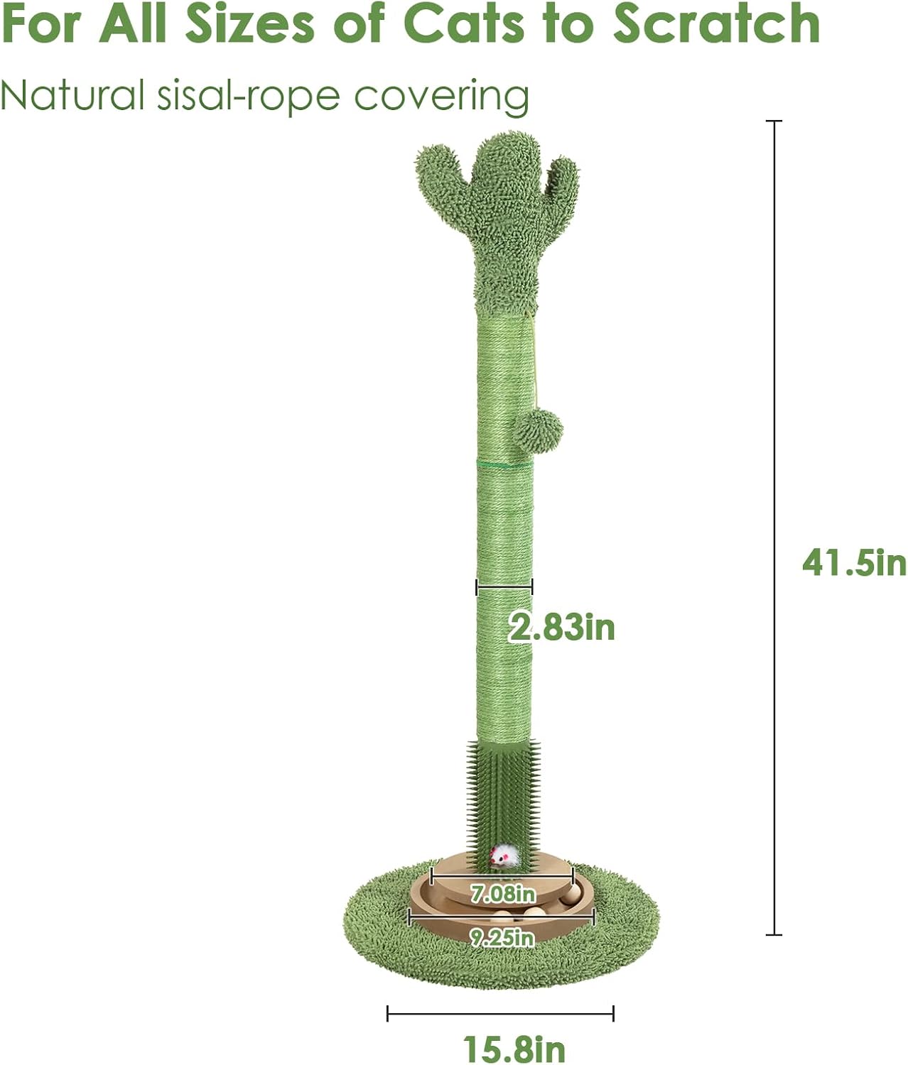 41.5" Cactus Cat Scratching Post, Heavy Duty Sisal Scratcher with Interactive Ball & Grooming Brush, Stable Anti-Tip Cat Tree for Indoor Cats & Large Cats