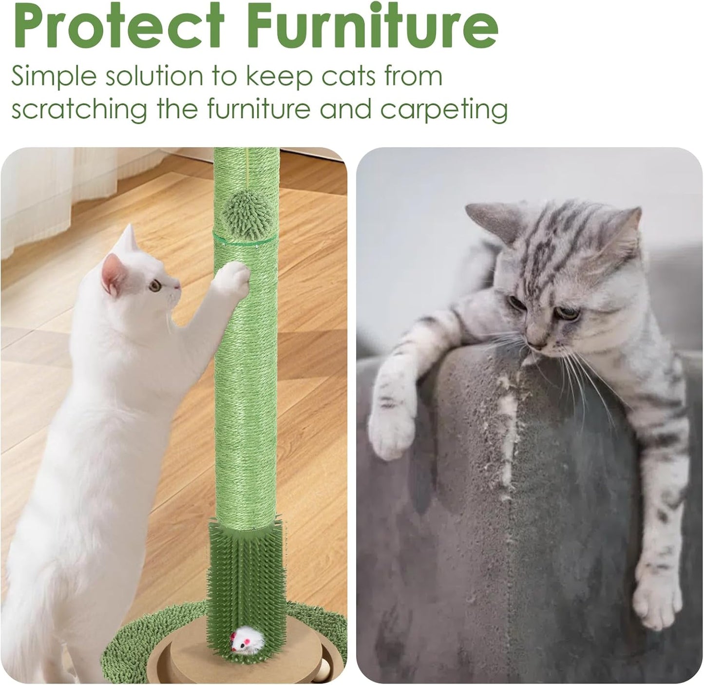 41.5" Cactus Cat Scratching Post, Heavy Duty Sisal Scratcher with Interactive Ball & Grooming Brush, Stable Anti-Tip Cat Tree for Indoor Cats & Large Cats