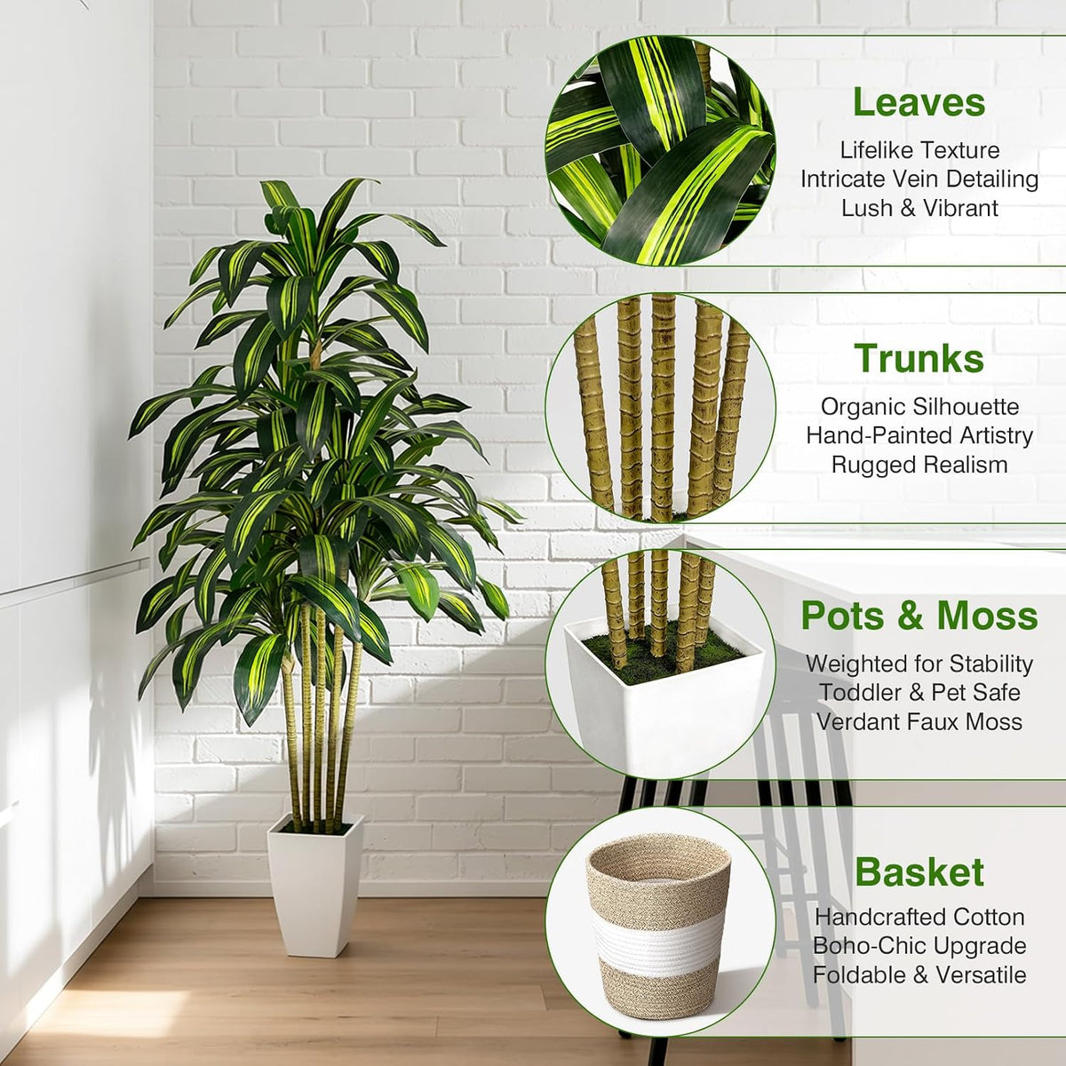 5FT Artificial Dracaena Fake Tree with Planter, Build in Basket