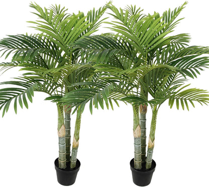 4ft Tall Triple Golden Cane Palm Artificial Tree, Faux Palm Tree Large Fake Plant with UV Resistant, Indoor & Outdoor Fake Tree for Living Room, Outside Patio, Office Home Decor