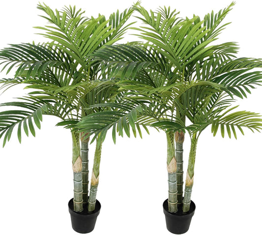 4ft Tall Triple Golden Cane Palm Artificial Tree, Faux Palm Tree Large Fake Plant with UV Resistant, Indoor & Outdoor Fake Tree for Living Room, Outside Patio, Office Home Decor