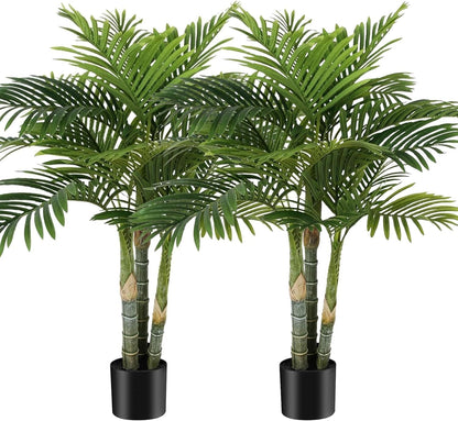 4ft Tall Triple Golden Cane Palm Artificial Tree, Faux Palm Tree Large Fake Plant with UV Resistant, Indoor & Outdoor Fake Tree for Living Room, Outside Patio, Office Home Decor