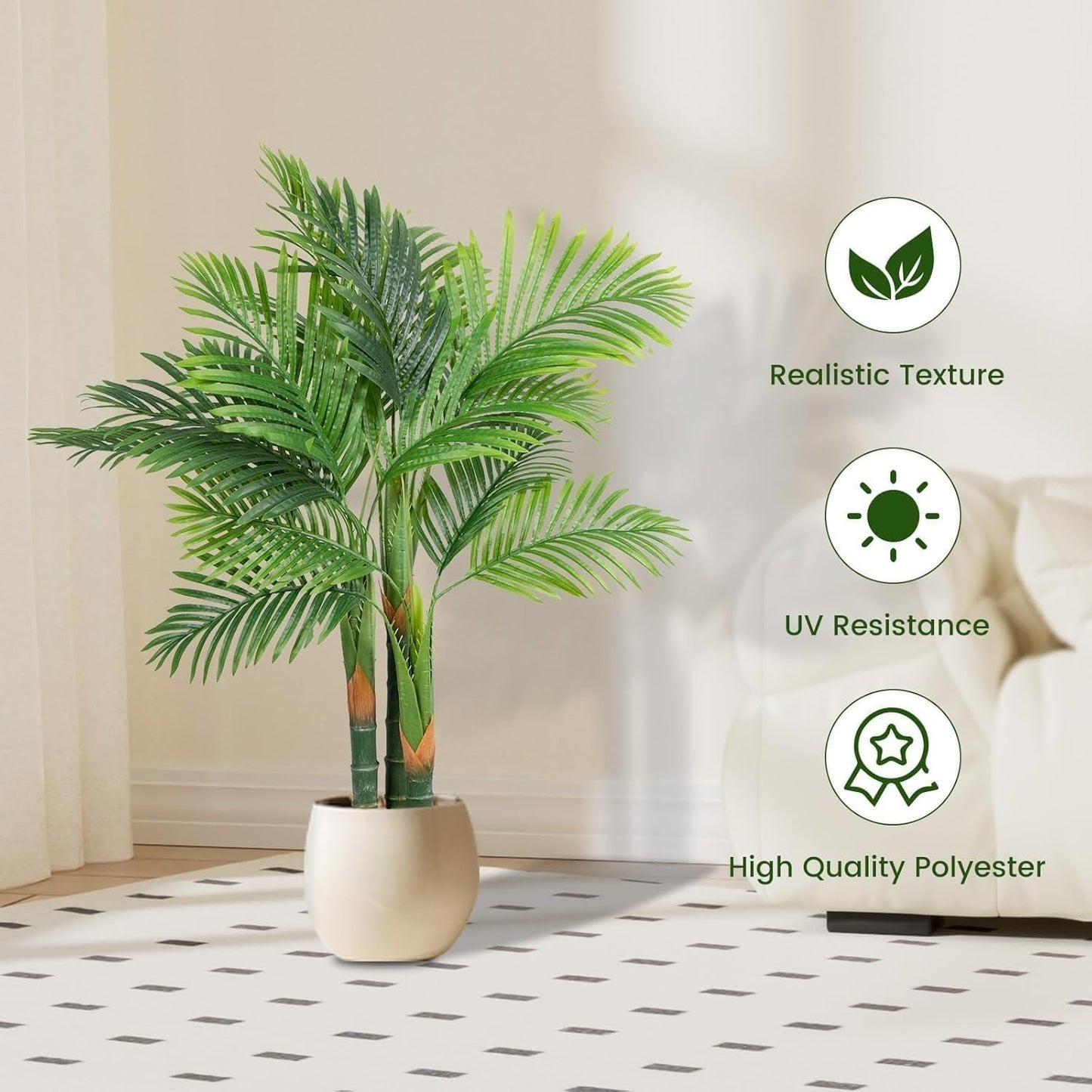 4ft Tall Triple Golden Cane Palm Artificial Tree, Faux Palm Tree Large Fake Plant with UV Resistant, Indoor & Outdoor Fake Tree for Living Room, Outside Patio, Office Home Decor
