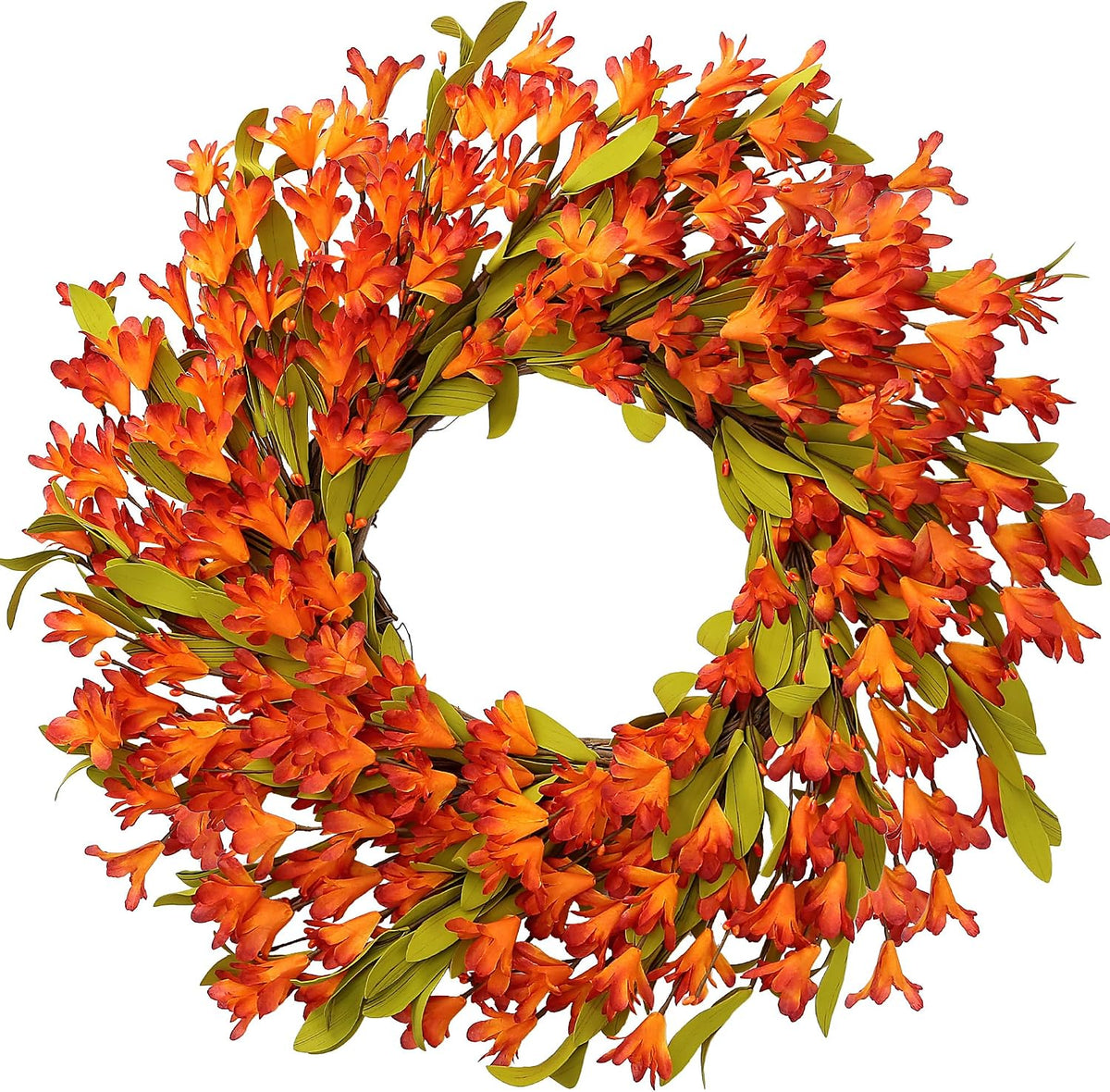 Artificial Fall Wreath 22’’ Autumn Front Door Wreath with Forsythia Flowers Greenery Leaves Orange Berries for Outside Indoor Wall Window Festival Thanksgiving Fall Harvest Autumn Decor