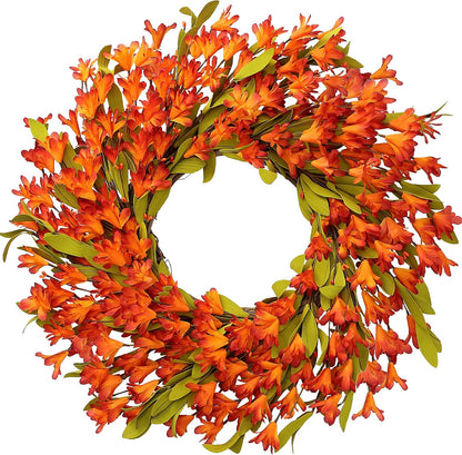 Artificial Fall Wreath 22’’ Autumn Front Door Wreath with Forsythia Flowers Greenery Leaves Orange Berries for Outside Indoor Wall Window Festival Thanksgiving Fall Harvest Autumn Decor