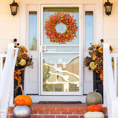 Artificial Fall Wreath 22’’ Autumn Front Door Wreath with Forsythia Flowers Greenery Leaves Orange Berries for Outside Indoor Wall Window Festival Thanksgiving Fall Harvest Autumn Decor