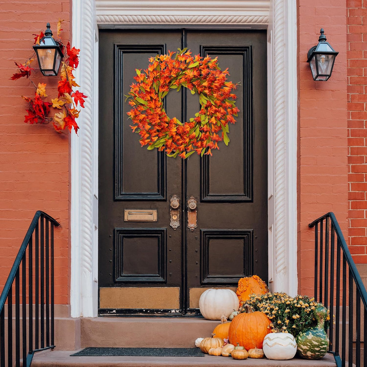 Artificial Fall Wreath 22’’ Autumn Front Door Wreath with Forsythia Flowers Greenery Leaves Orange Berries for Outside Indoor Wall Window Festival Thanksgiving Fall Harvest Autumn Decor