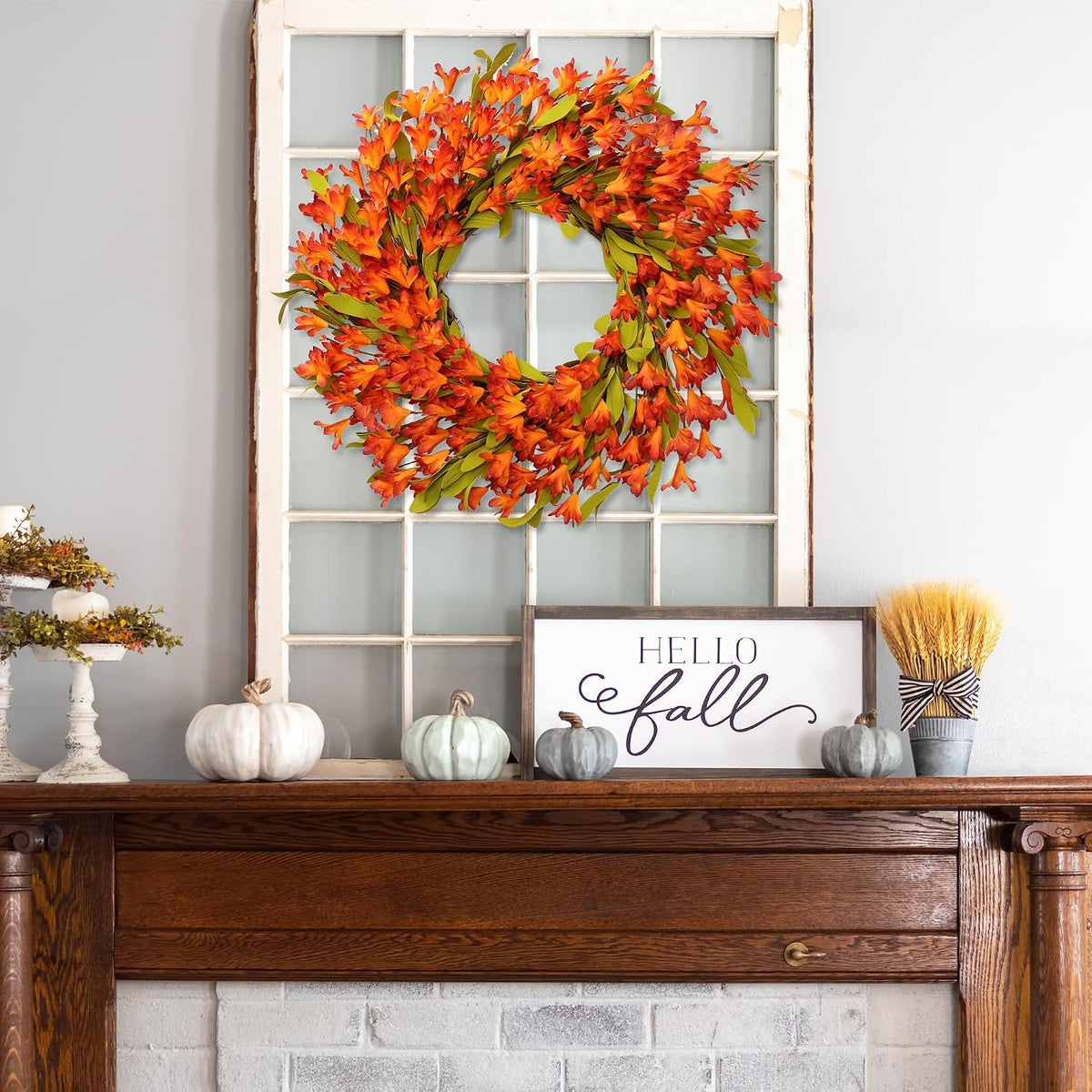 Artificial Fall Wreath 22’’ Autumn Front Door Wreath with Forsythia Flowers Greenery Leaves Orange Berries for Outside Indoor Wall Window Festival Thanksgiving Fall Harvest Autumn Decor