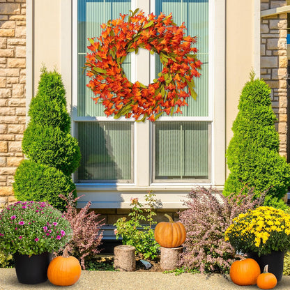 Artificial Fall Wreath 22’’ Autumn Front Door Wreath with Forsythia Flowers Greenery Leaves Orange Berries for Outside Indoor Wall Window Festival Thanksgiving Fall Harvest Autumn Decor