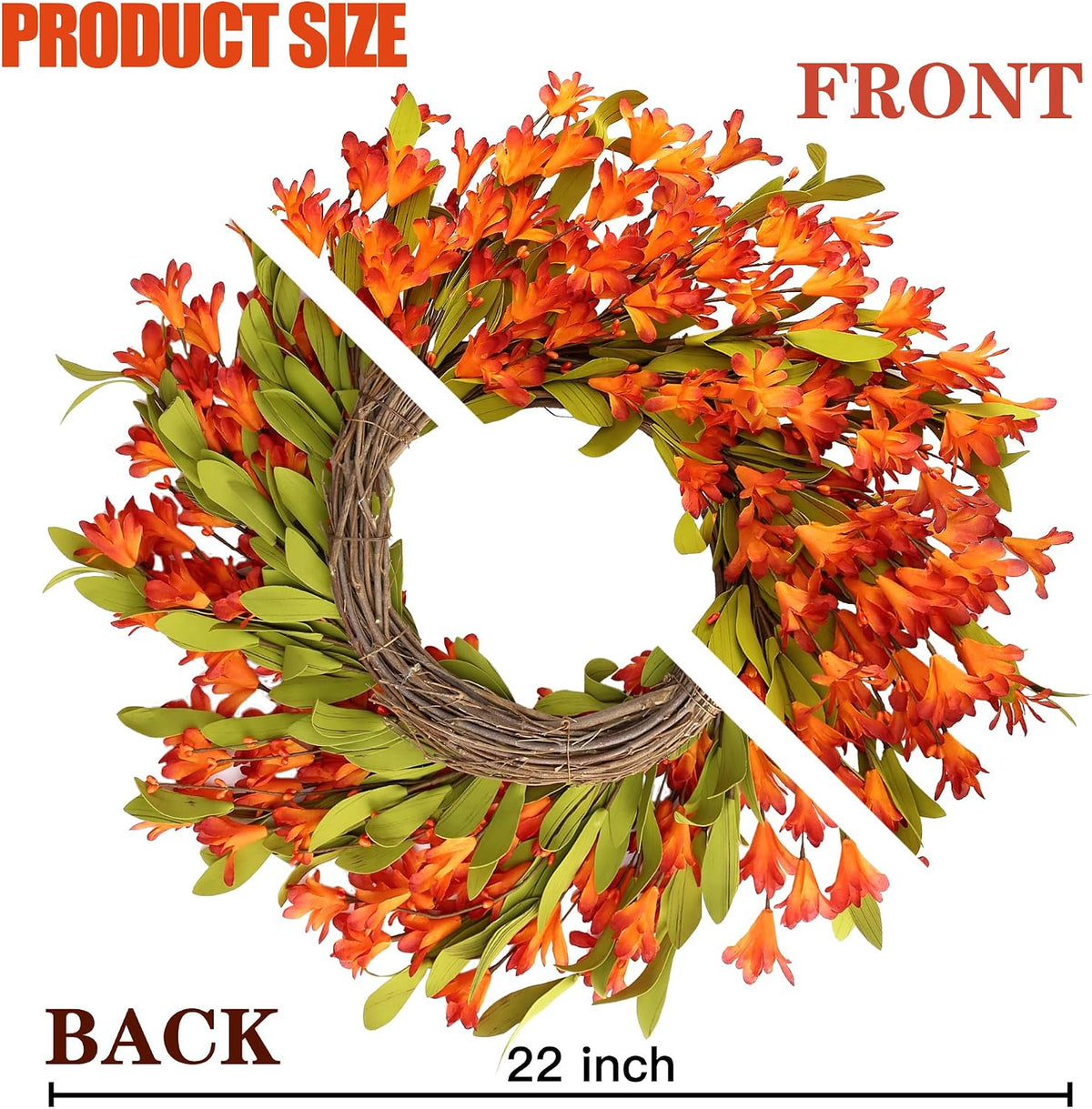 Artificial Fall Wreath 22’’ Autumn Front Door Wreath with Forsythia Flowers Greenery Leaves Orange Berries for Outside Indoor Wall Window Festival Thanksgiving Fall Harvest Autumn Decor