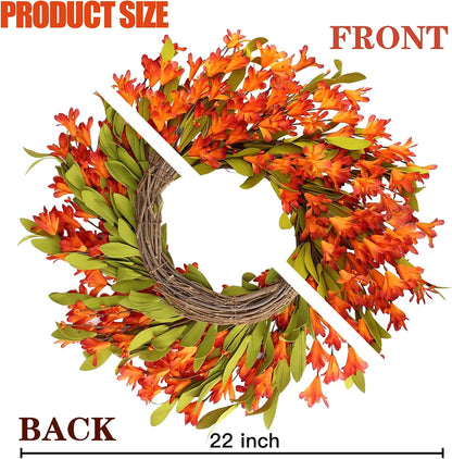 Artificial Fall Wreath 22’’ Autumn Front Door Wreath with Forsythia Flowers Greenery Leaves Orange Berries for Outside Indoor Wall Window Festival Thanksgiving Fall Harvest Autumn Decor