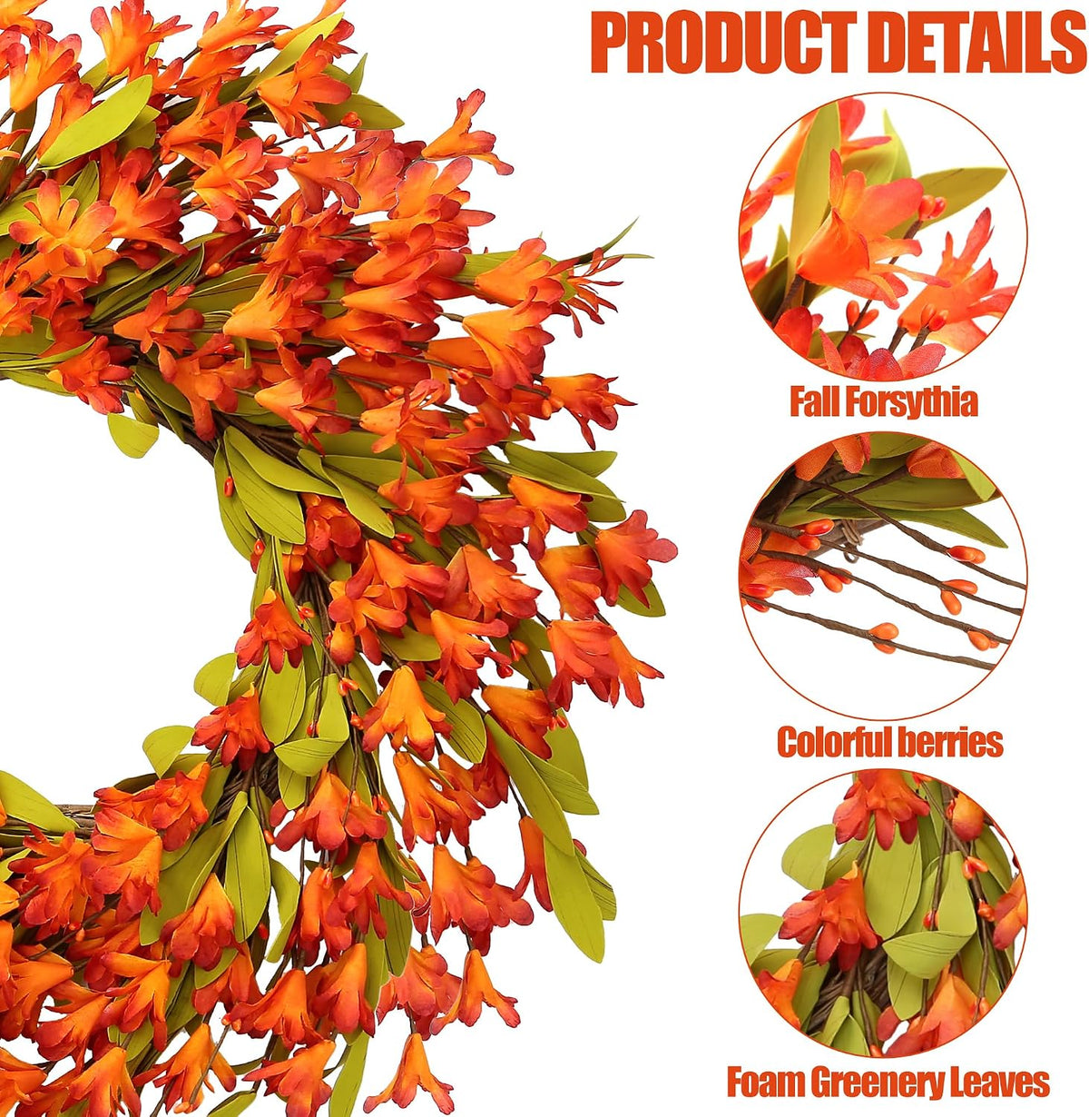 Artificial Fall Wreath 22’’ Autumn Front Door Wreath with Forsythia Flowers Greenery Leaves Orange Berries for Outside Indoor Wall Window Festival Thanksgiving Fall Harvest Autumn Decor