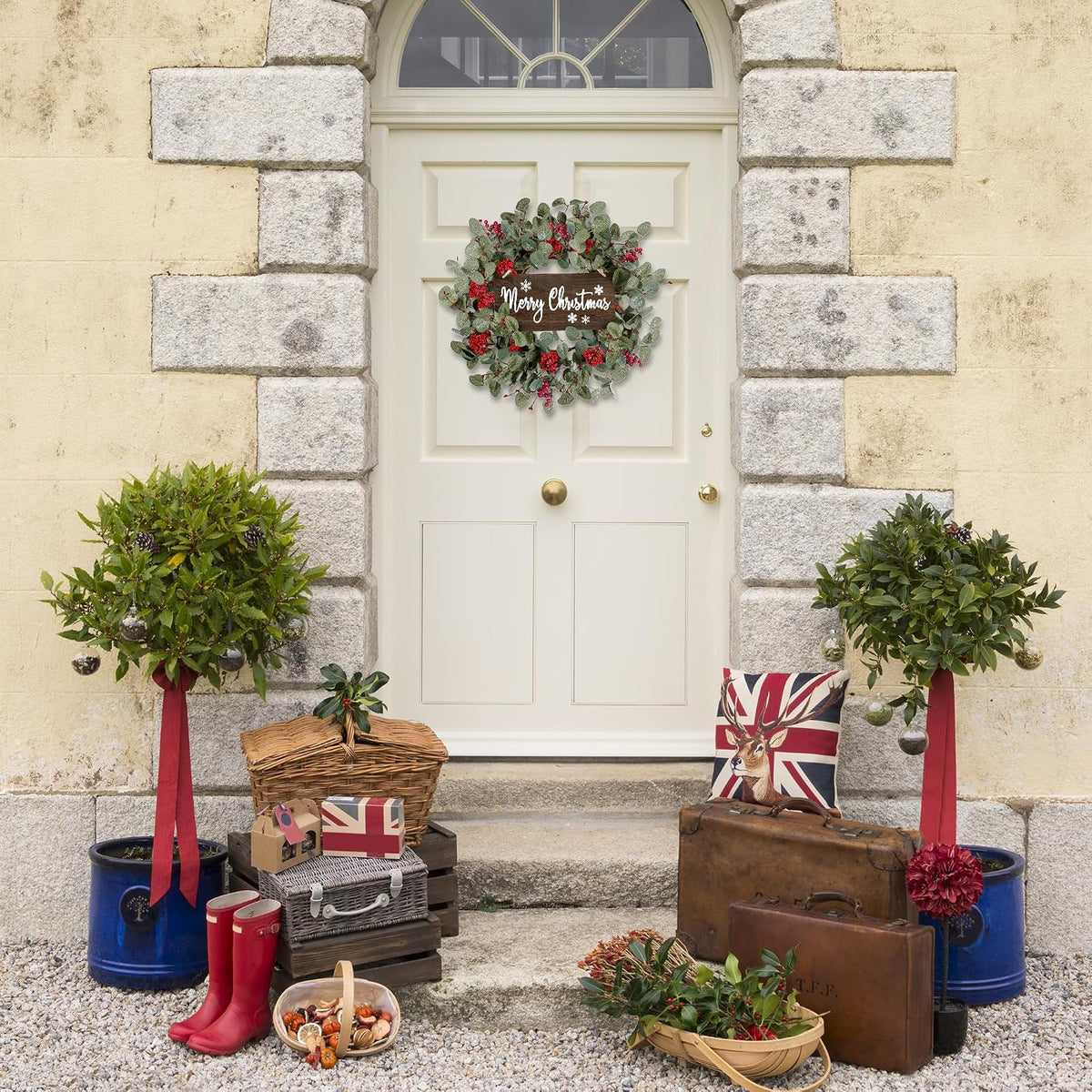 Artificial Fall Wreath 22’’ Autumn Front Door Wreath with Forsythia Flowers Greenery Leaves Orange Berries for Outside Indoor Wall Window Festival Thanksgiving Fall Harvest Autumn Decor