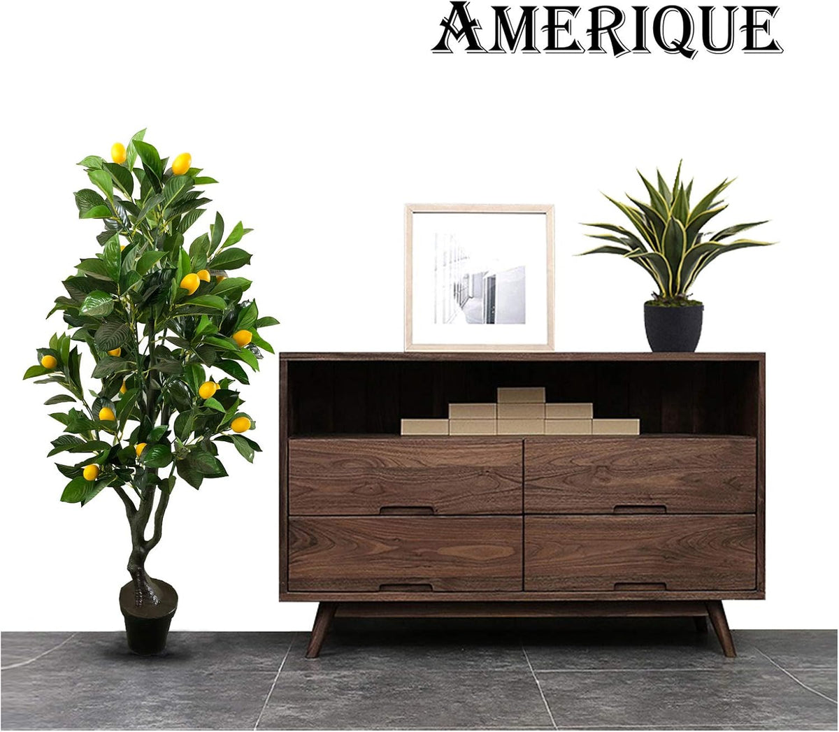 Pair 4 Feet Gorgeous & Lifelike Six-Branch Artificial Trees with Various Size Lemon Fruits, with Nursery Pot, Real Touch Tech, 48", Yellow and Green, 4 Count