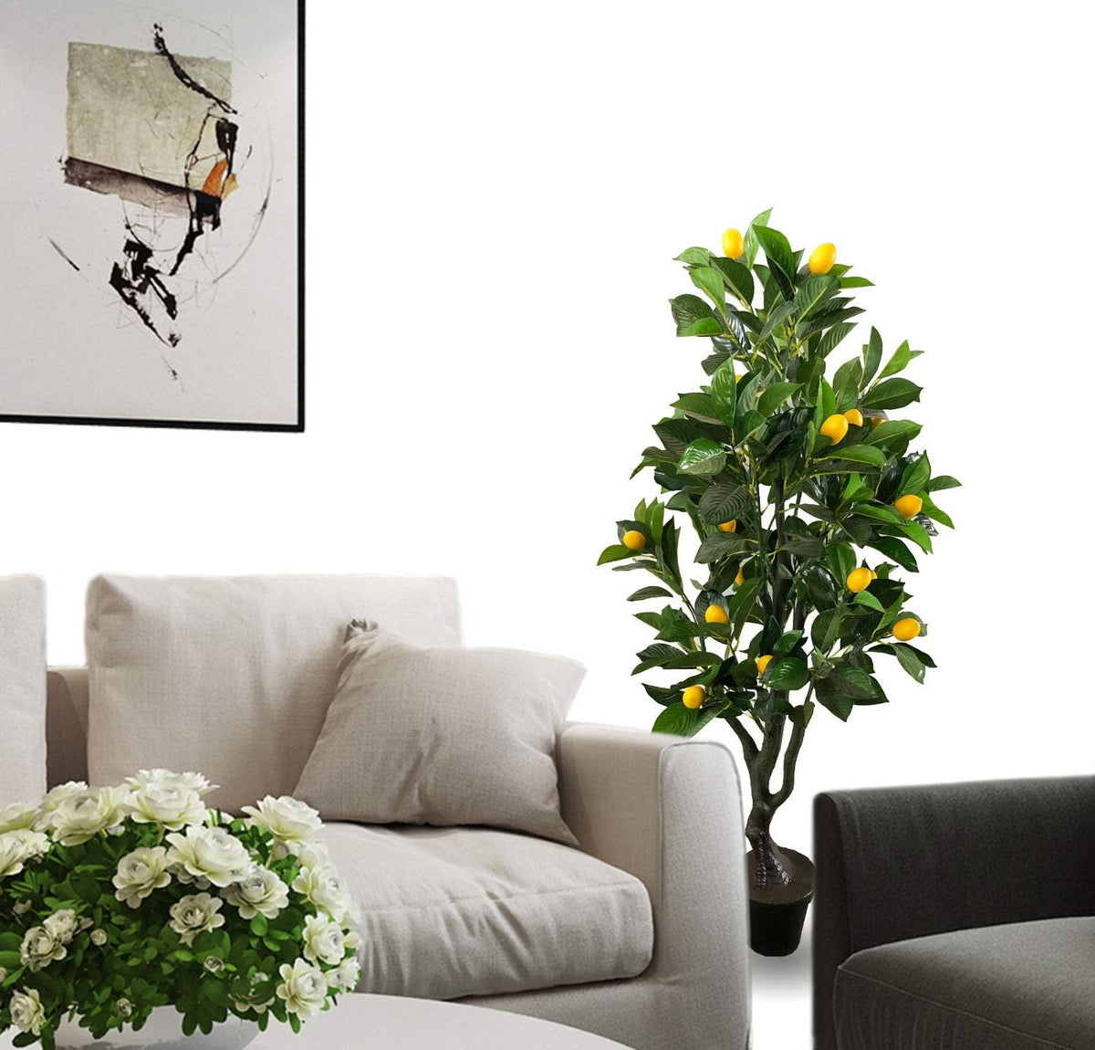 Pair 4 Feet Gorgeous & Lifelike Six-Branch Artificial Trees with Various Size Lemon Fruits, with Nursery Pot, Real Touch Tech, 48", Yellow and Green, 4 Count