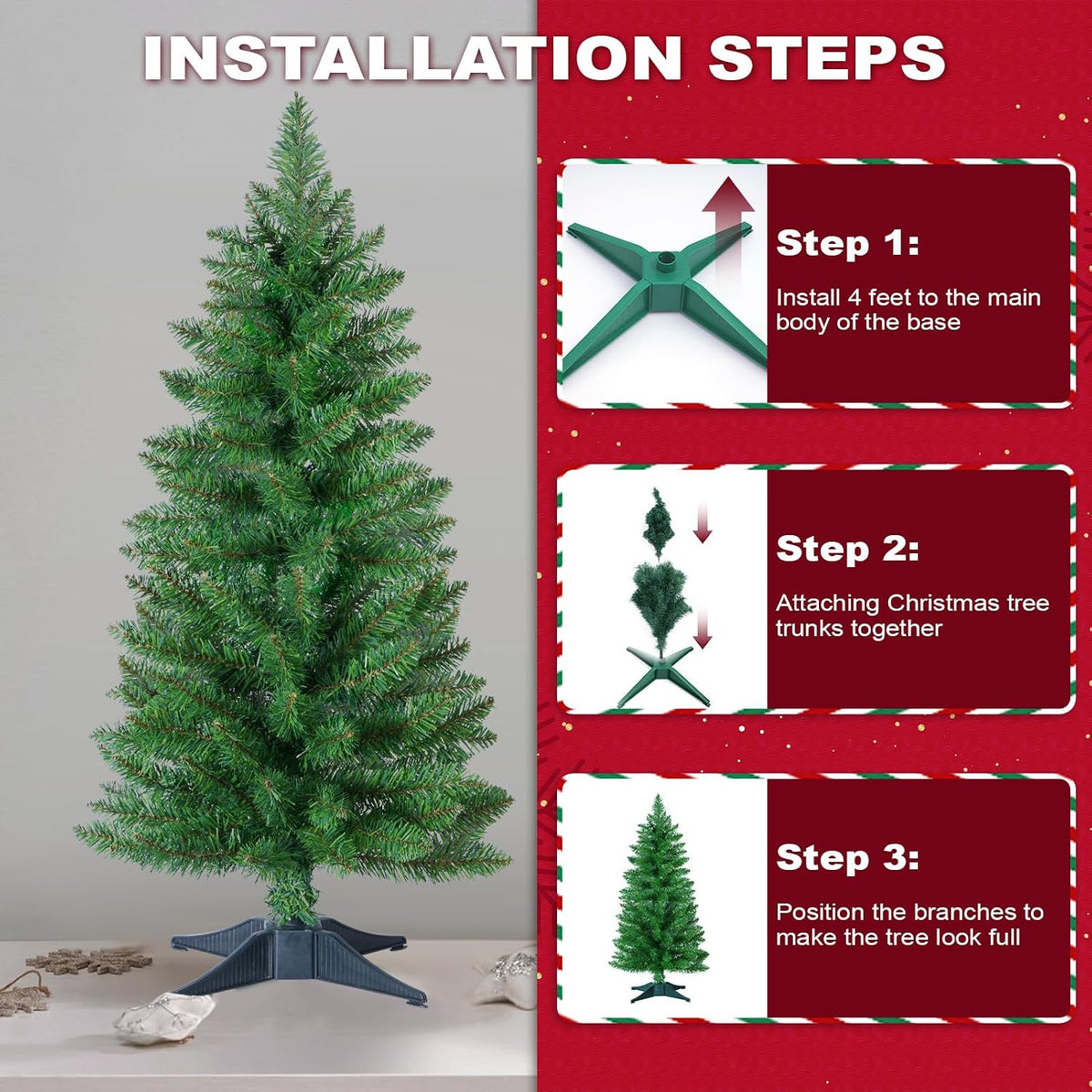 3ft Artificial Christmas Tree, Mini Xmas Pine Tree with 4-Leg Stable Plastic Base, Small Tabletop Christmas Tree for Home Office Holiday Party Indoor Decoration