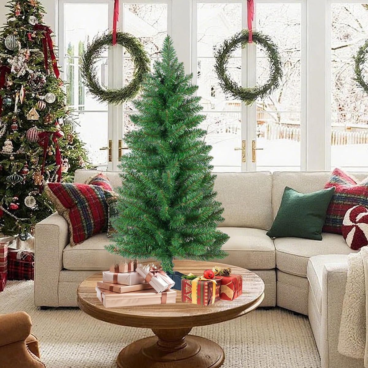 3ft Artificial Christmas Tree, Mini Xmas Pine Tree with 4-Leg Stable Plastic Base, Small Tabletop Christmas Tree for Home Office Holiday Party Indoor Decoration