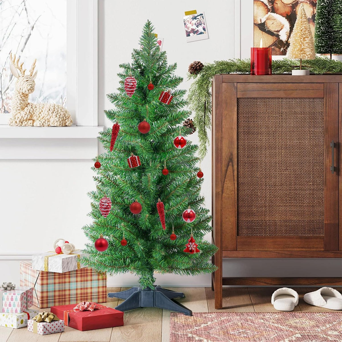 3ft Artificial Christmas Tree, Mini Xmas Pine Tree with 4-Leg Stable Plastic Base, Small Tabletop Christmas Tree for Home Office Holiday Party Indoor Decoration