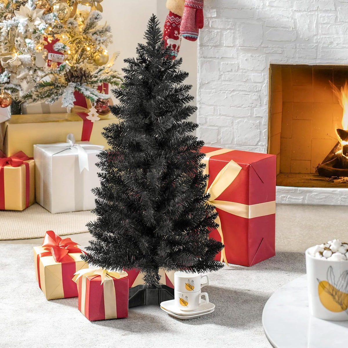 3ft Artificial Christmas Tree, Mini Xmas Pine Tree with 4-Leg Stable Plastic Base, Small Tabletop Christmas Tree for Home Office Holiday Party Indoor Decoration