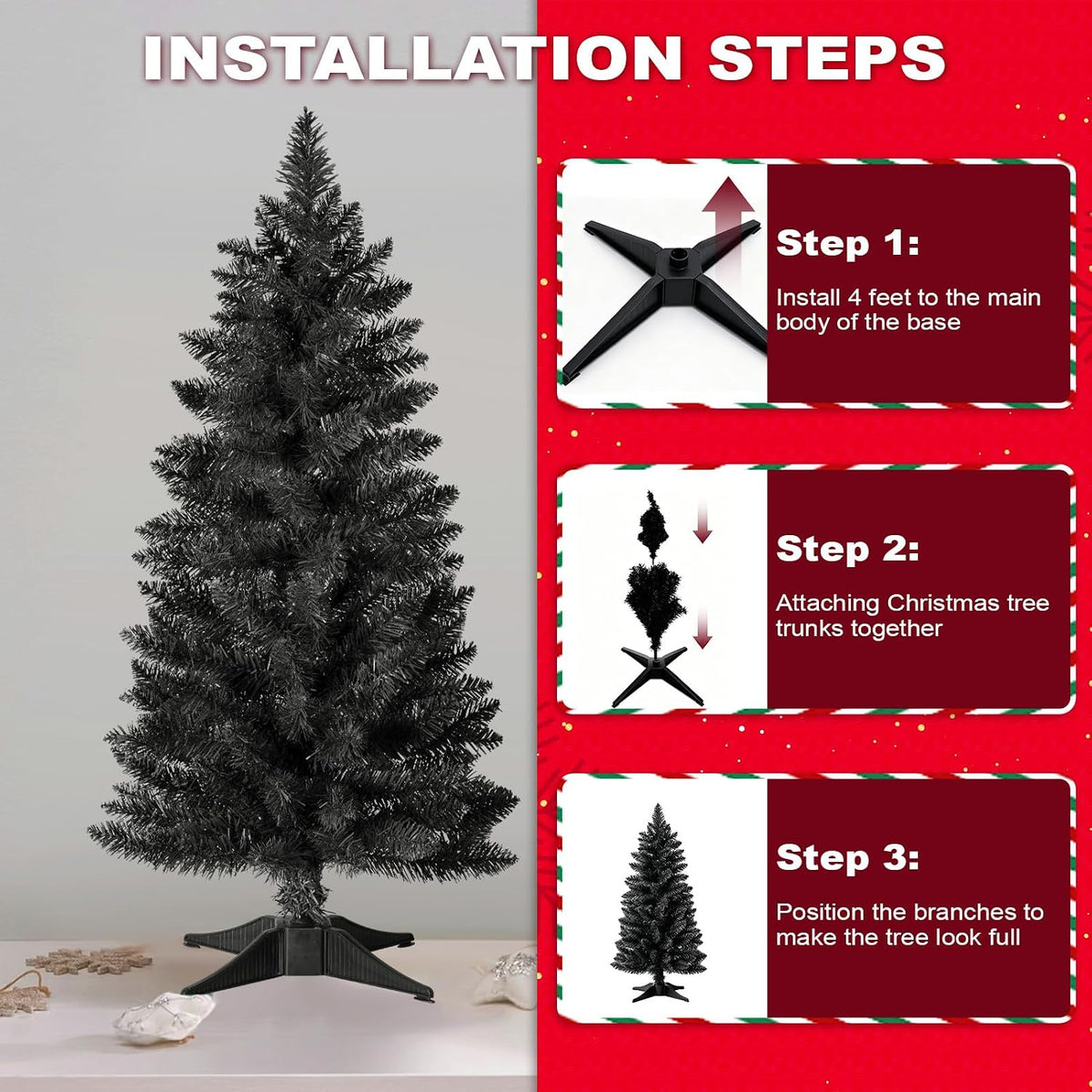 3ft Artificial Christmas Tree, Mini Xmas Pine Tree with 4-Leg Stable Plastic Base, Small Tabletop Christmas Tree for Home Office Holiday Party Indoor Decoration