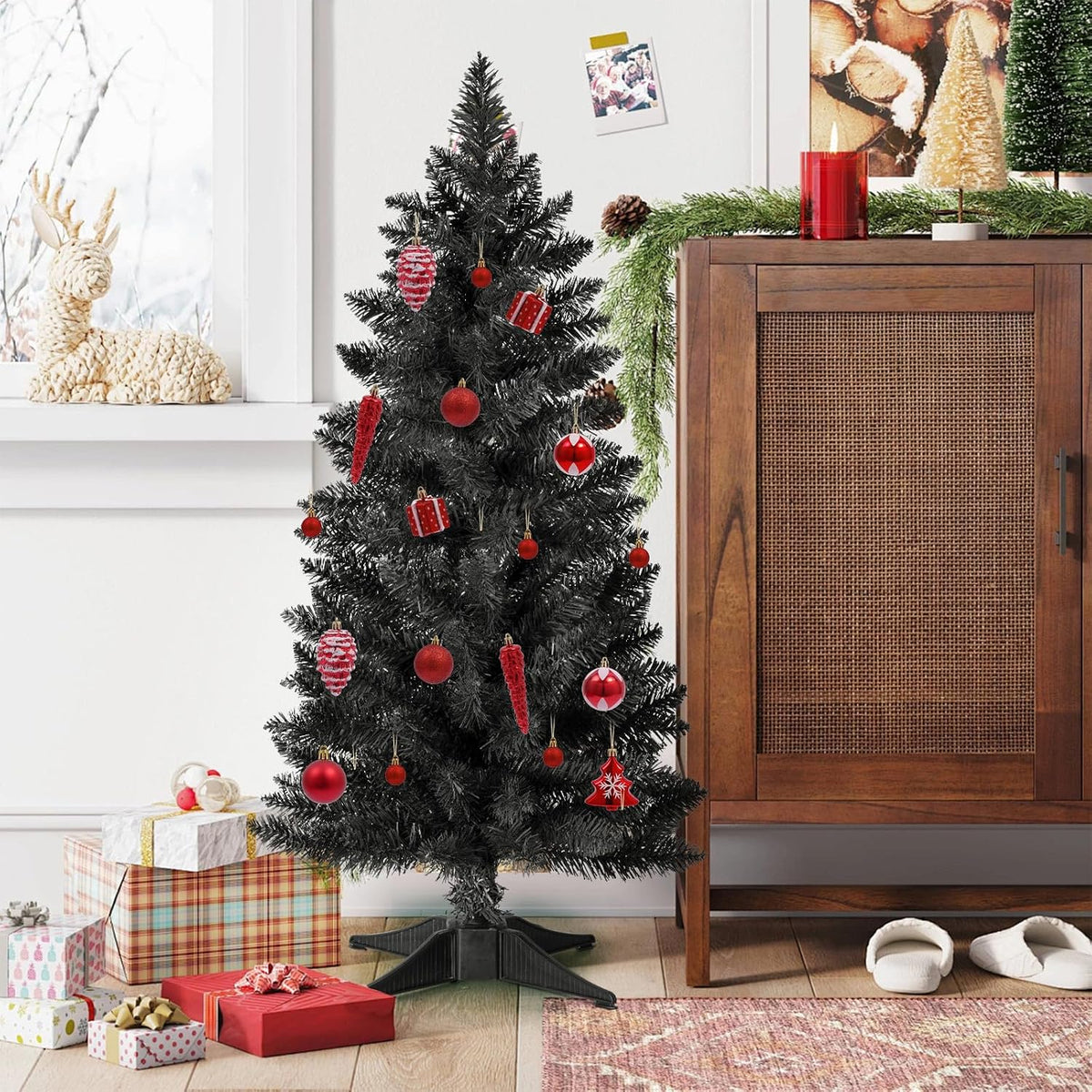 3ft Artificial Christmas Tree, Mini Xmas Pine Tree with 4-Leg Stable Plastic Base, Small Tabletop Christmas Tree for Home Office Holiday Party Indoor Decoration