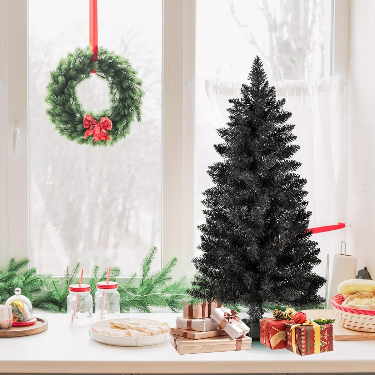 3ft Artificial Christmas Tree, Mini Xmas Pine Tree with 4-Leg Stable Plastic Base, Small Tabletop Christmas Tree for Home Office Holiday Party Indoor Decoration