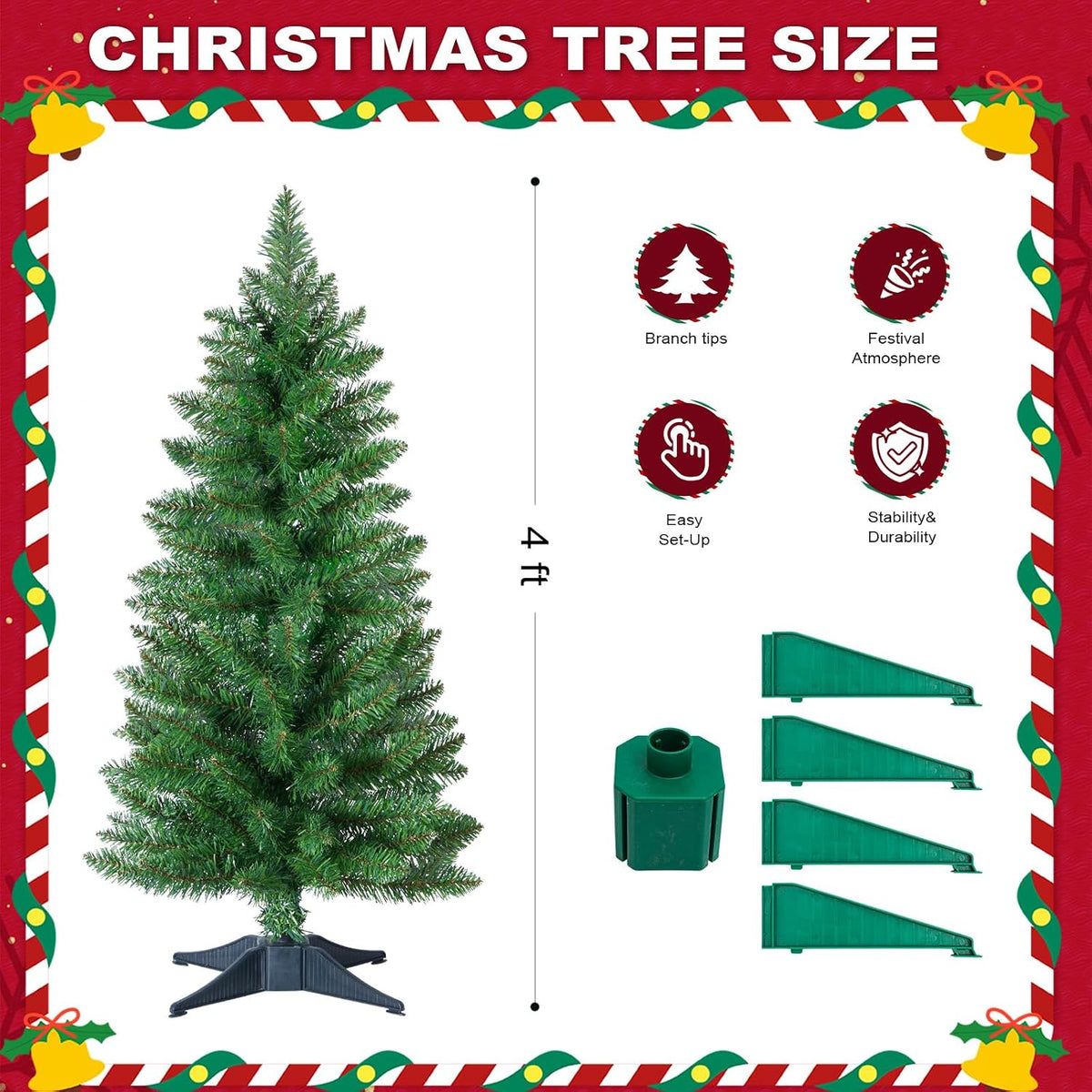 3ft Artificial Christmas Tree, Mini Xmas Pine Tree with 4-Leg Stable Plastic Base, Small Tabletop Christmas Tree for Home Office Holiday Party Indoor Decoration