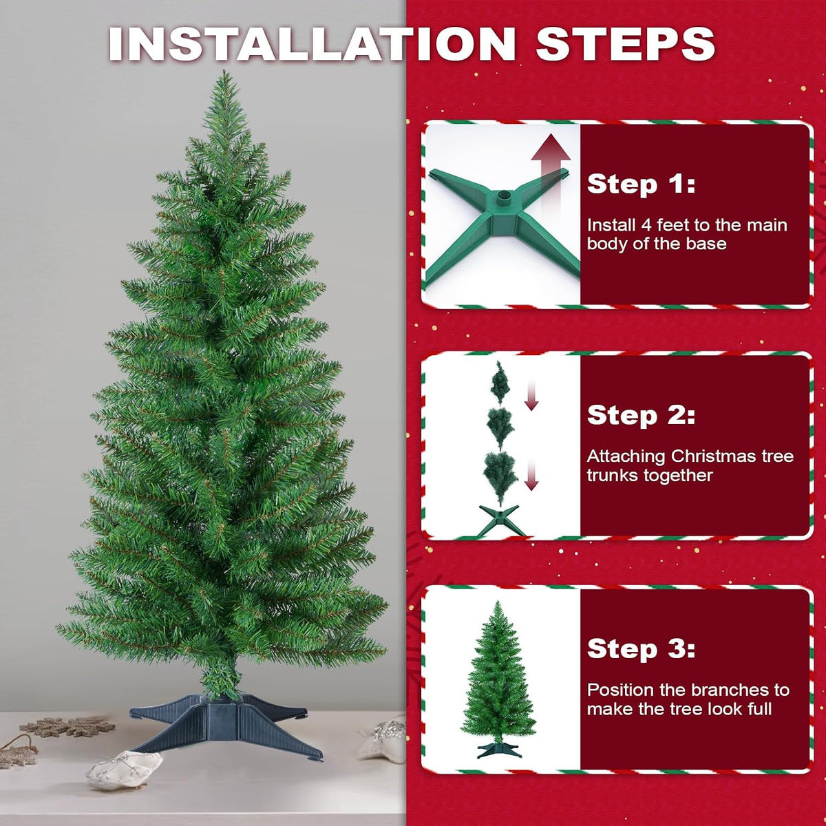 3ft Artificial Christmas Tree, Mini Xmas Pine Tree with 4-Leg Stable Plastic Base, Small Tabletop Christmas Tree for Home Office Holiday Party Indoor Decoration
