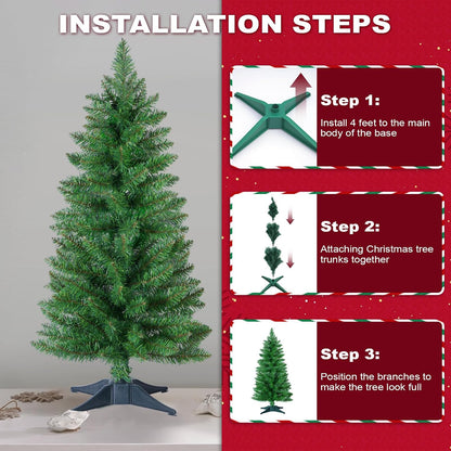 3ft Artificial Christmas Tree, Mini Xmas Pine Tree with 4-Leg Stable Plastic Base, Small Tabletop Christmas Tree for Home Office Holiday Party Indoor Decoration