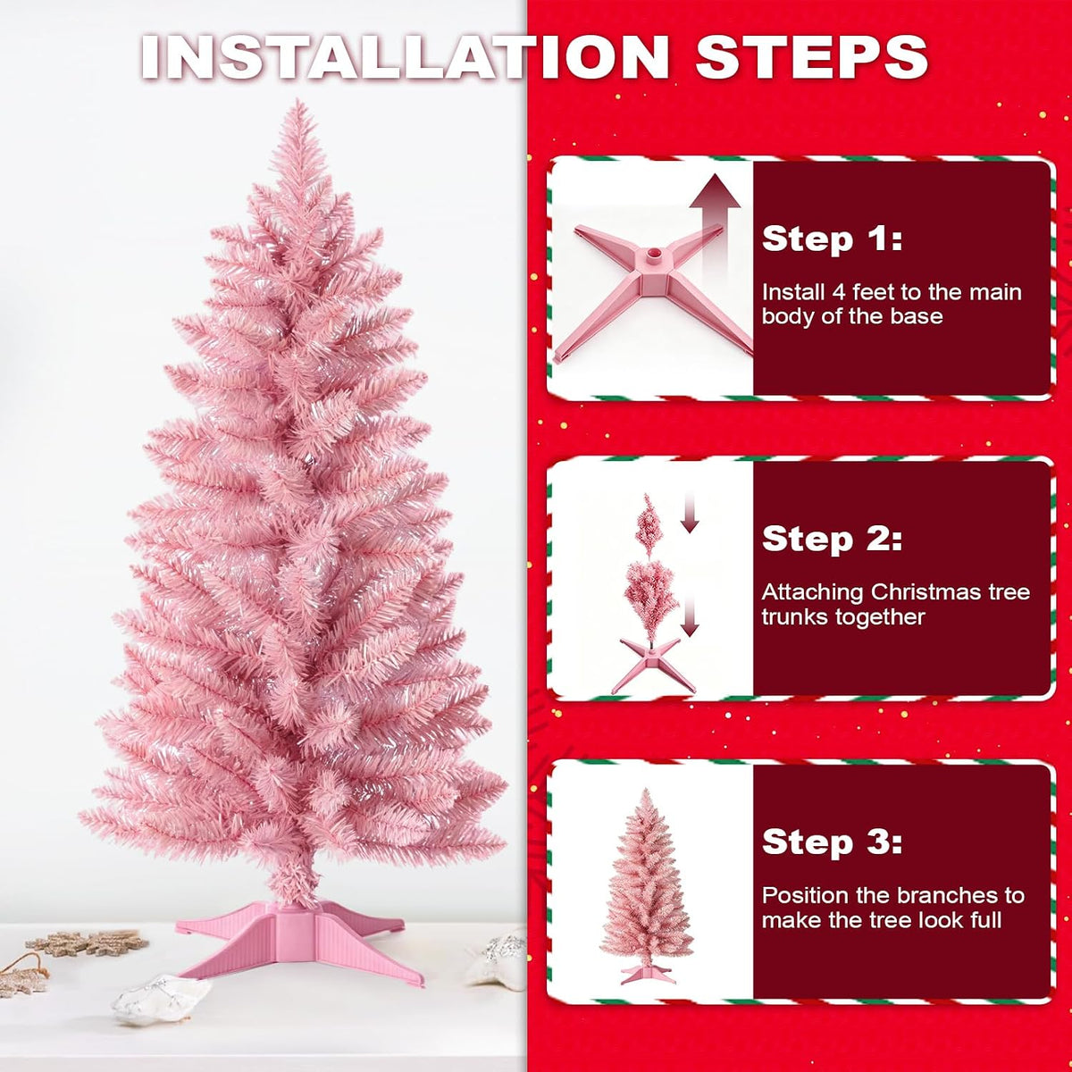 3ft Artificial Christmas Tree, Mini Xmas Pine Tree with 4-Leg Stable Plastic Base, Small Tabletop Christmas Tree for Home Office Holiday Party Indoor Decoration