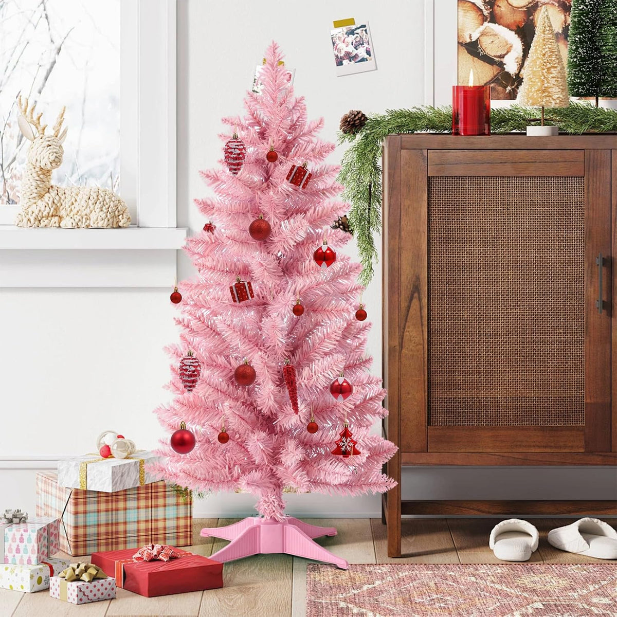 3ft Artificial Christmas Tree, Mini Xmas Pine Tree with 4-Leg Stable Plastic Base, Small Tabletop Christmas Tree for Home Office Holiday Party Indoor Decoration