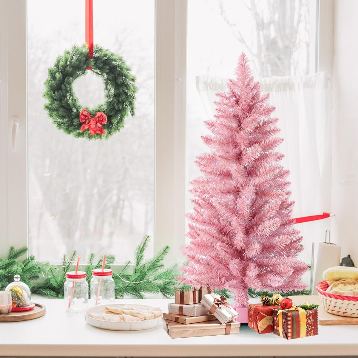 3ft Artificial Christmas Tree, Mini Xmas Pine Tree with 4-Leg Stable Plastic Base, Small Tabletop Christmas Tree for Home Office Holiday Party Indoor Decoration