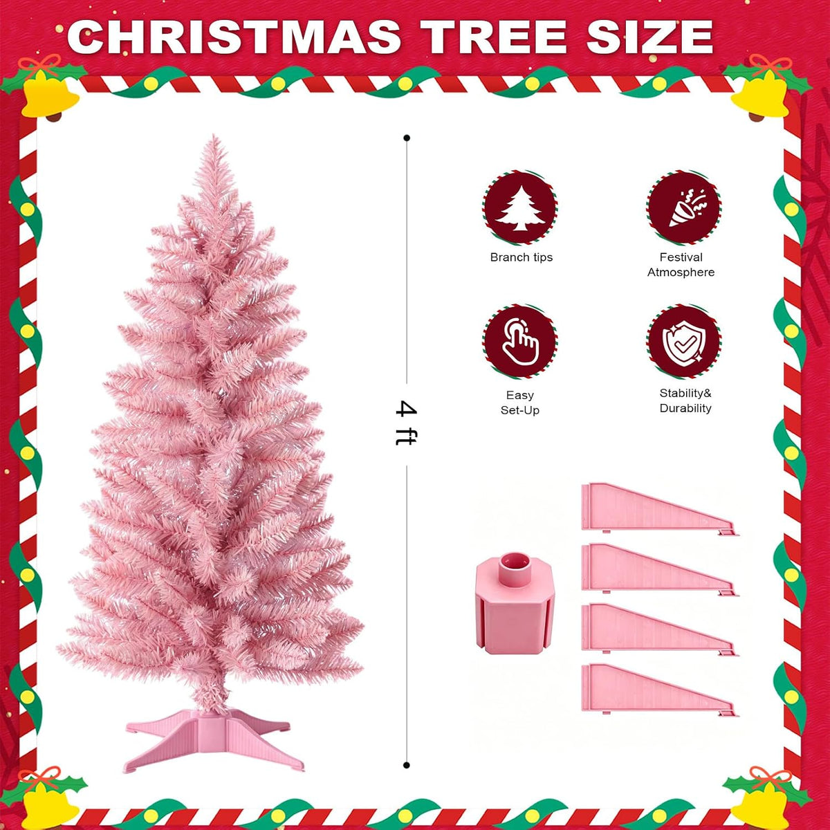 3ft Artificial Christmas Tree, Mini Xmas Pine Tree with 4-Leg Stable Plastic Base, Small Tabletop Christmas Tree for Home Office Holiday Party Indoor Decoration