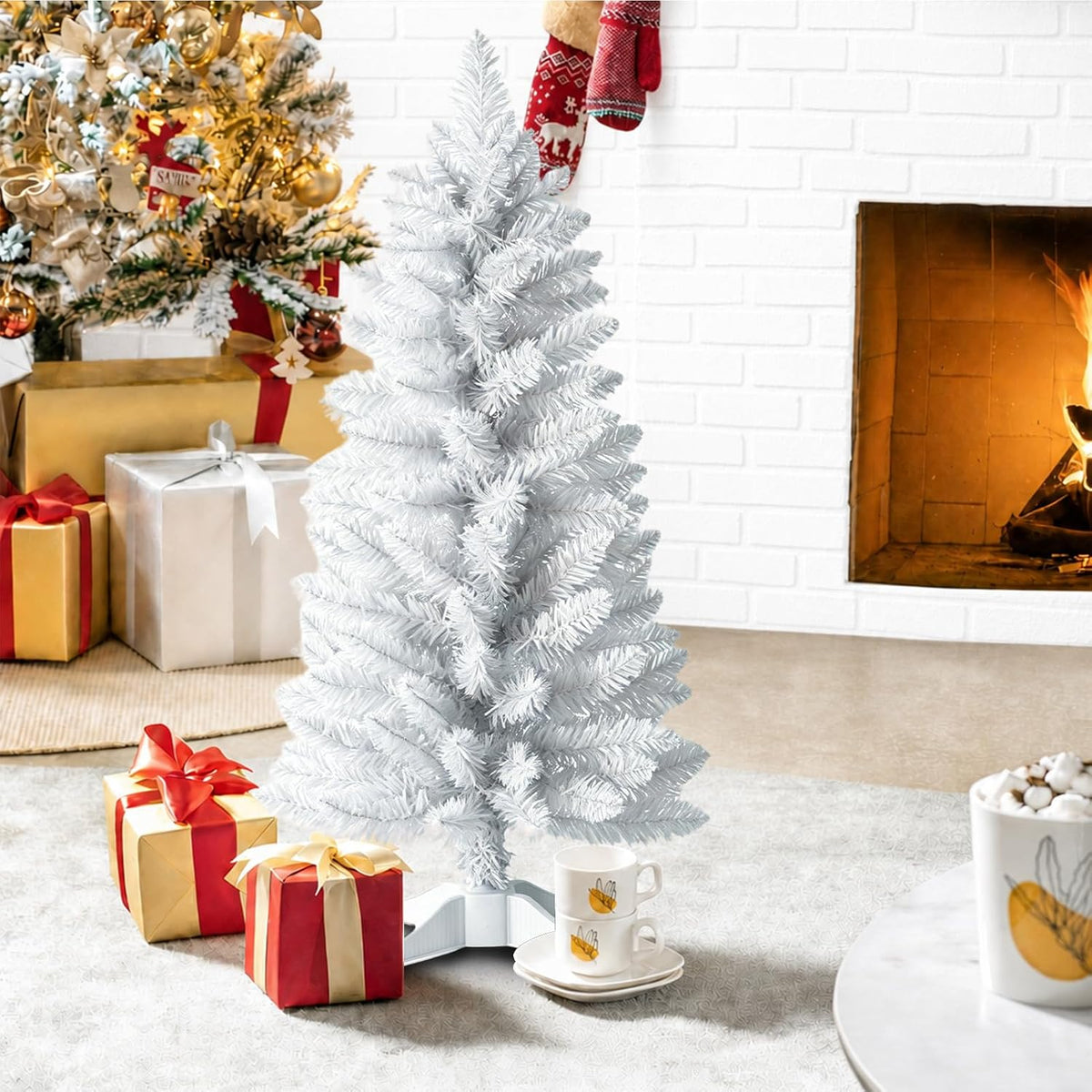 3ft Artificial Christmas Tree, Mini Xmas Pine Tree with 4-Leg Stable Plastic Base, Small Tabletop Christmas Tree for Home Office Holiday Party Indoor Decoration