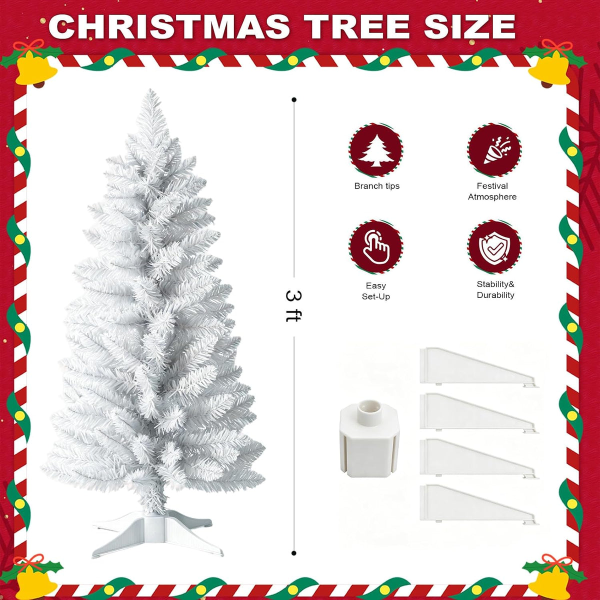 3ft Artificial Christmas Tree, Mini Xmas Pine Tree with 4-Leg Stable Plastic Base, Small Tabletop Christmas Tree for Home Office Holiday Party Indoor Decoration