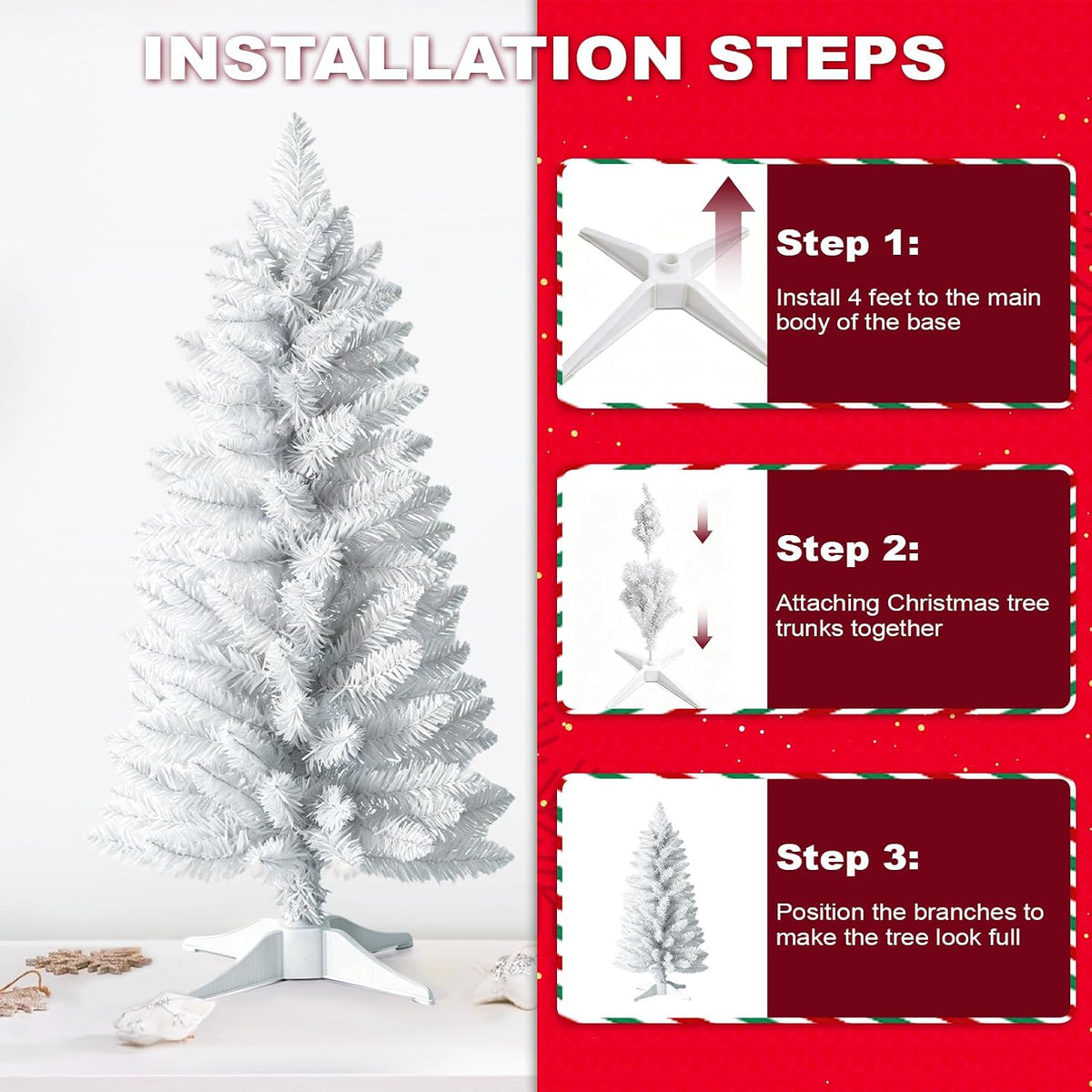 3ft Artificial Christmas Tree, Mini Xmas Pine Tree with 4-Leg Stable Plastic Base, Small Tabletop Christmas Tree for Home Office Holiday Party Indoor Decoration