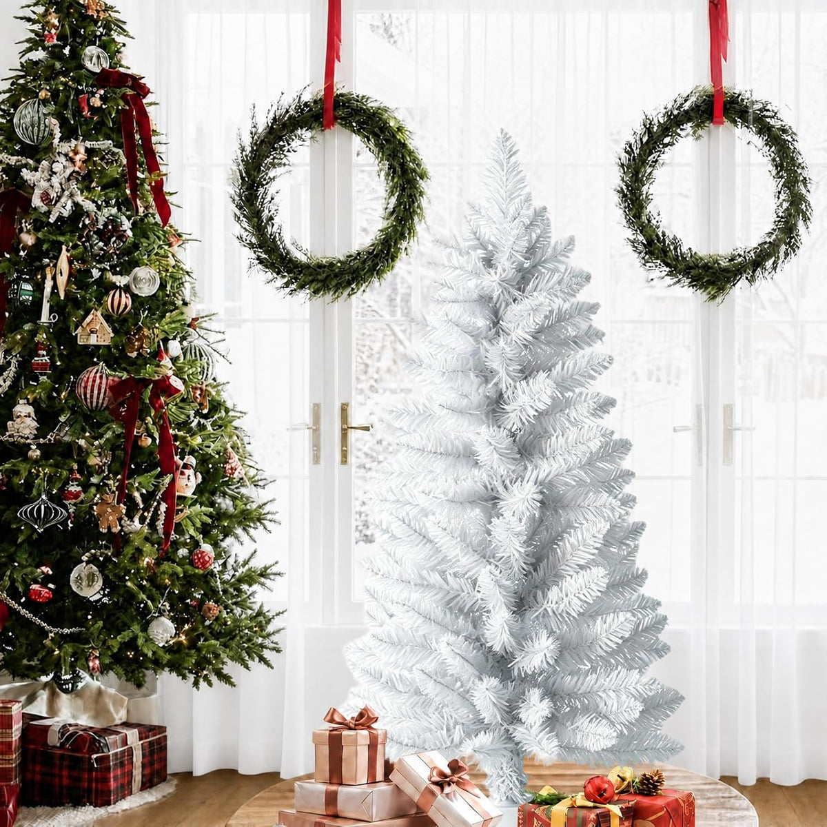 3ft Artificial Christmas Tree, Mini Xmas Pine Tree with 4-Leg Stable Plastic Base, Small Tabletop Christmas Tree for Home Office Holiday Party Indoor Decoration