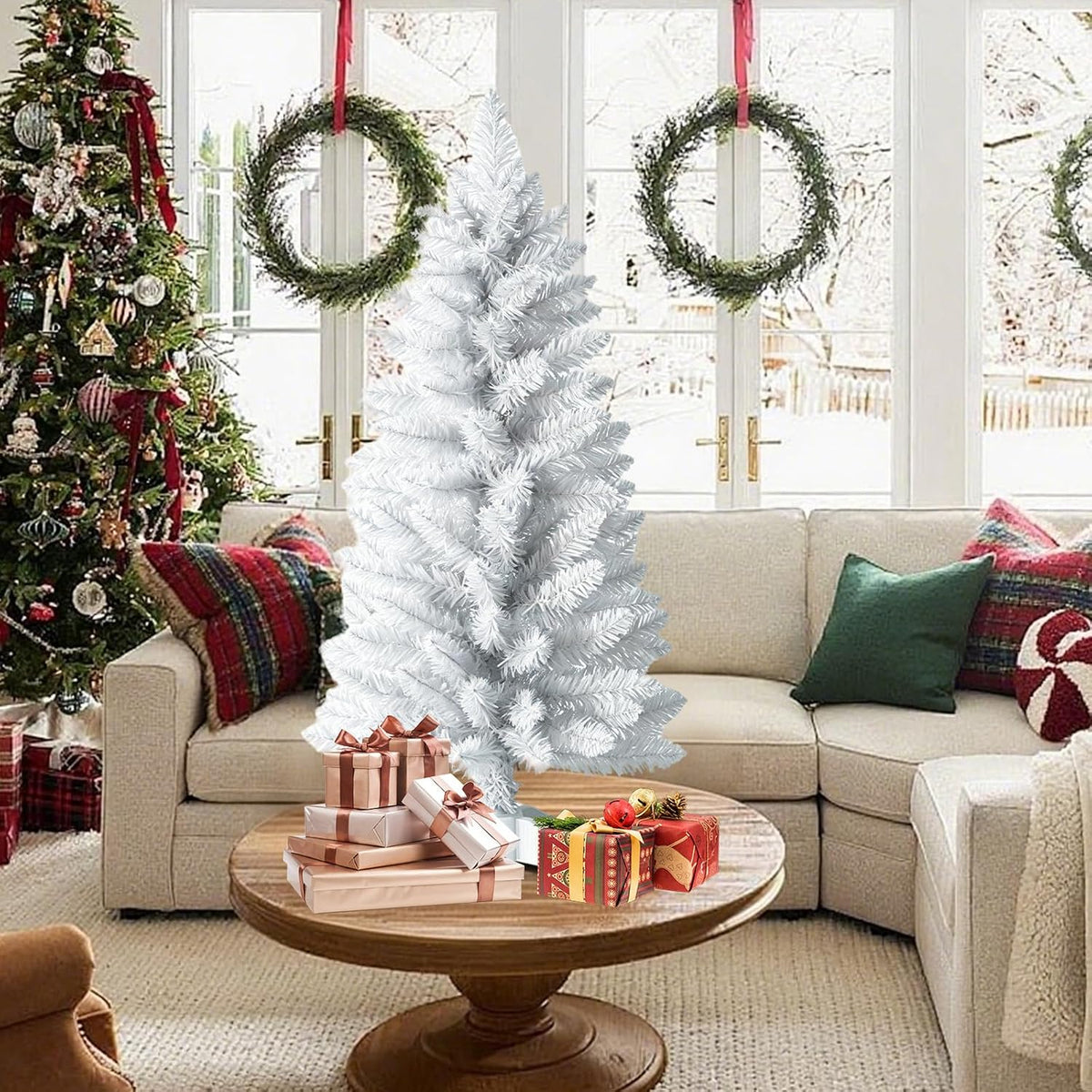 3ft Artificial Christmas Tree, Mini Xmas Pine Tree with 4-Leg Stable Plastic Base, Small Tabletop Christmas Tree for Home Office Holiday Party Indoor Decoration