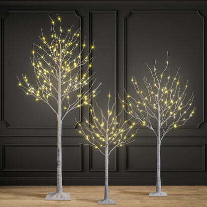Set of 3 Lighted Birch Tree 4FT 6FT and 8FT LED Artificial Tree for Decoration Inside and Outside, Home Patio Wedding Festival Christmas Decor, Warm White