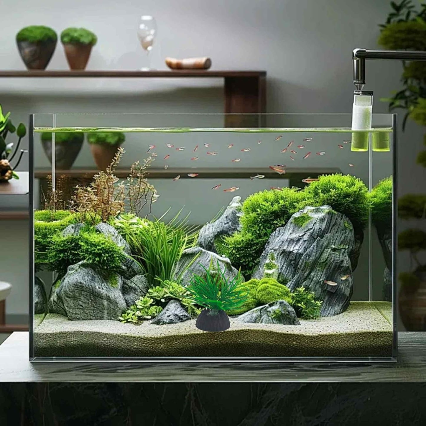 6PCS 4 Inches Tall Green Seaweed Grass Artificial Aquarium Plants, Plastic Fish Tank Decorations for Freshwater and Saltwater Tanks