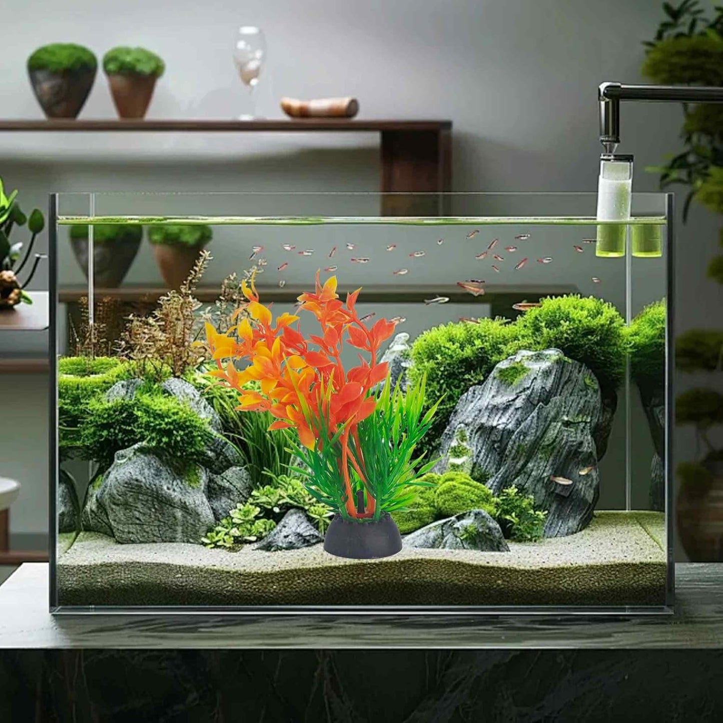 6PCS 4 Inches Tall Green Seaweed Grass Artificial Aquarium Plants, Plastic Fish Tank Decorations for Freshwater and Saltwater Tanks