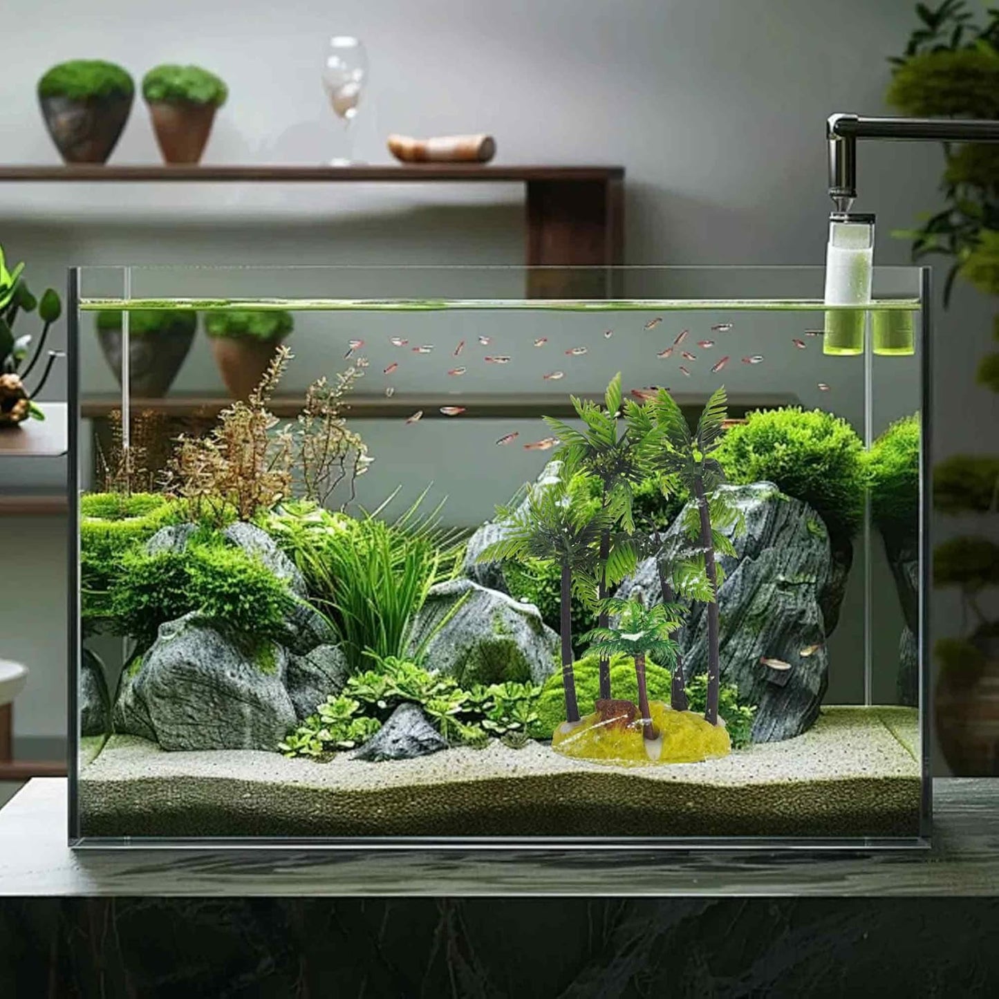 6PCS 4 Inches Tall Green Seaweed Grass Artificial Aquarium Plants, Plastic Fish Tank Decorations for Freshwater and Saltwater Tanks