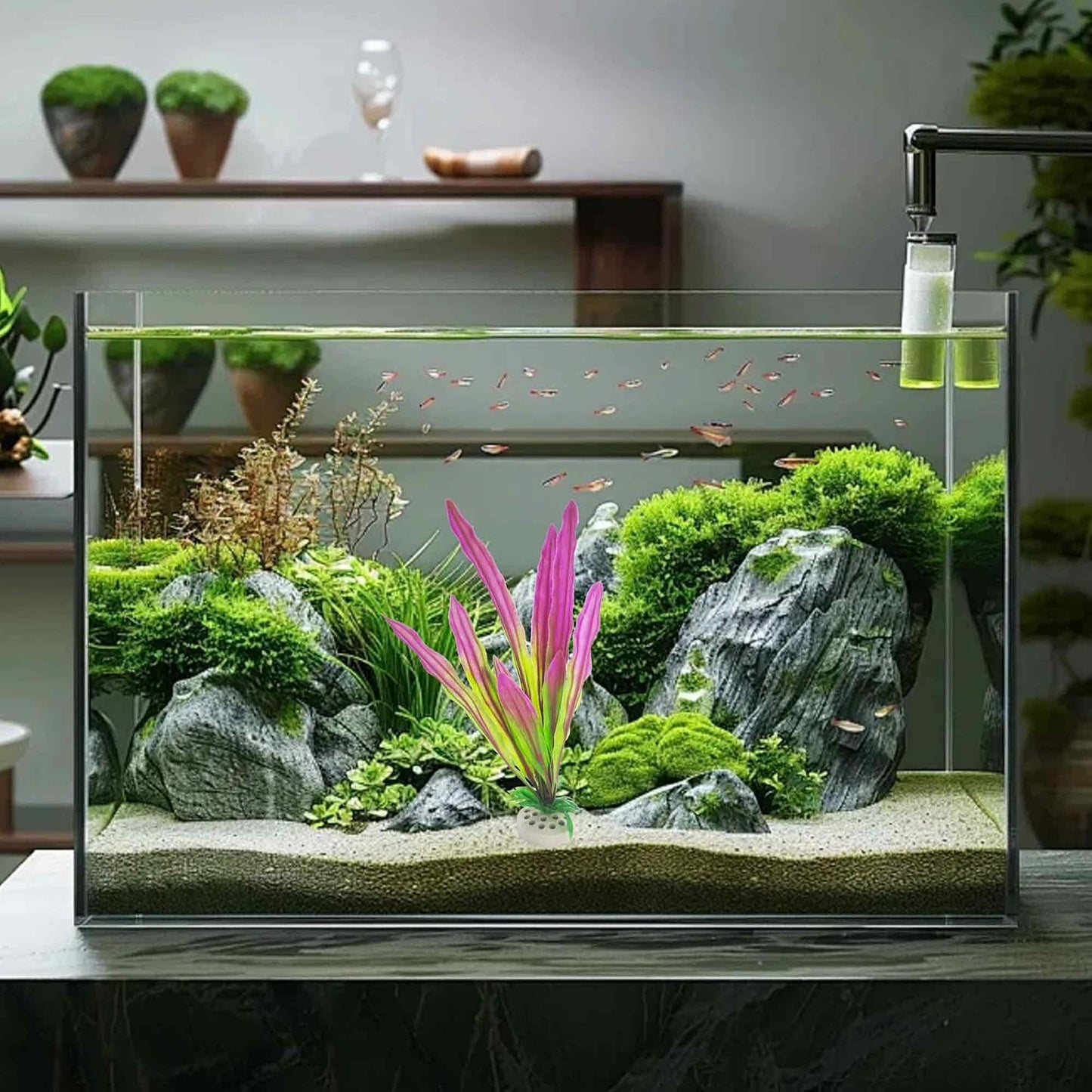 6PCS 4 Inches Tall Green Seaweed Grass Artificial Aquarium Plants, Plastic Fish Tank Decorations for Freshwater and Saltwater Tanks