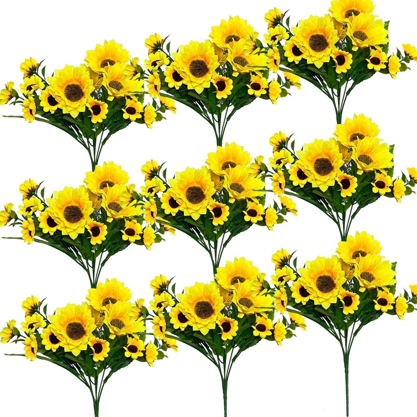 8Pack Artificial Sunflowers with Stems for Indoor Outdoor 12 inch Fake Silk Sunflower with 13 Sunflower Heads and 27 Green Leaves Decor Home Wedding Party Office (8Pack)